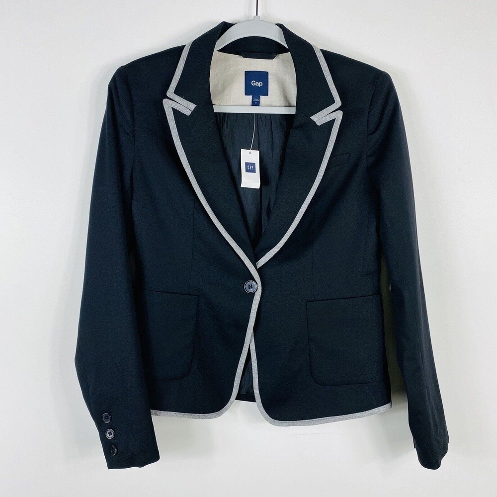 Gap Size 2 One-Button Wool Blazer Jacket Black Gray Career Business Work Event